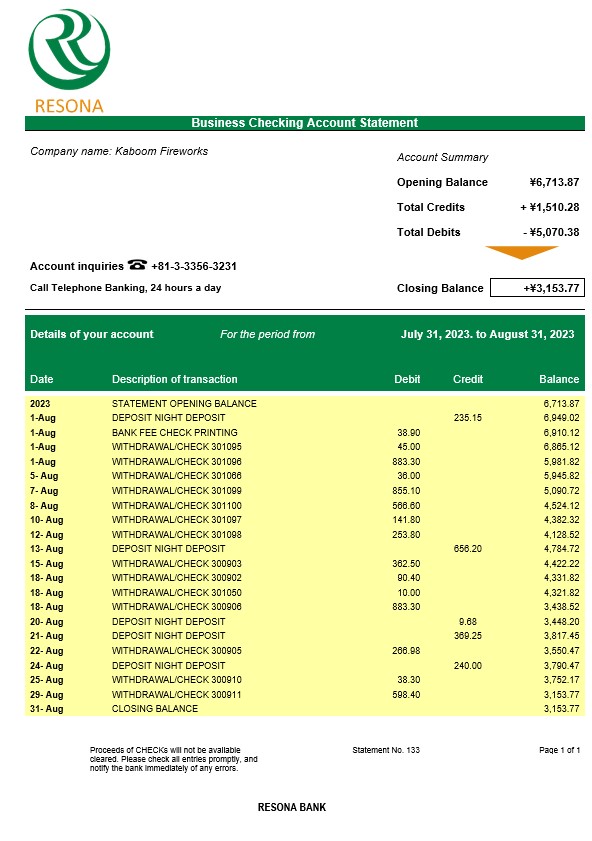 Modèle Word et PDF de relevé de compte courant de la société Resona Bank